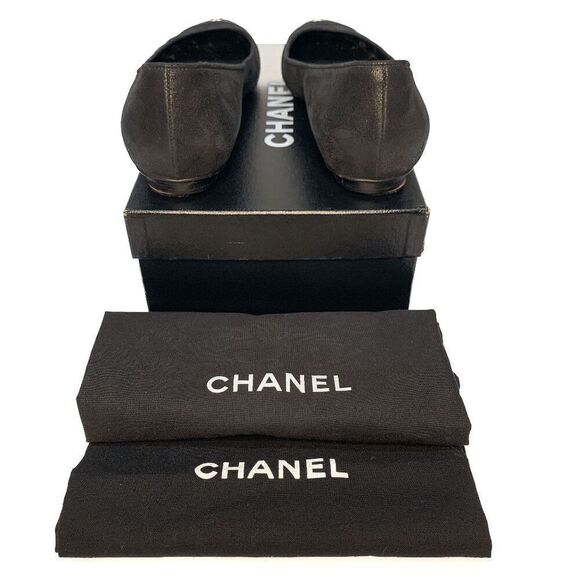 Chanel Interlocking CC Logo Black Cap Toe Ballet Flats EU 37.5 US 6.5-7 Slip on - Picture 5 of 10
